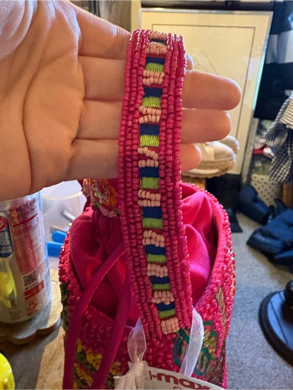 Hand-Embroidered Hot Pink Beaded Drawstring Mini Bag Viral Sloth Macaw Palm Tree - Picture 5 of 7